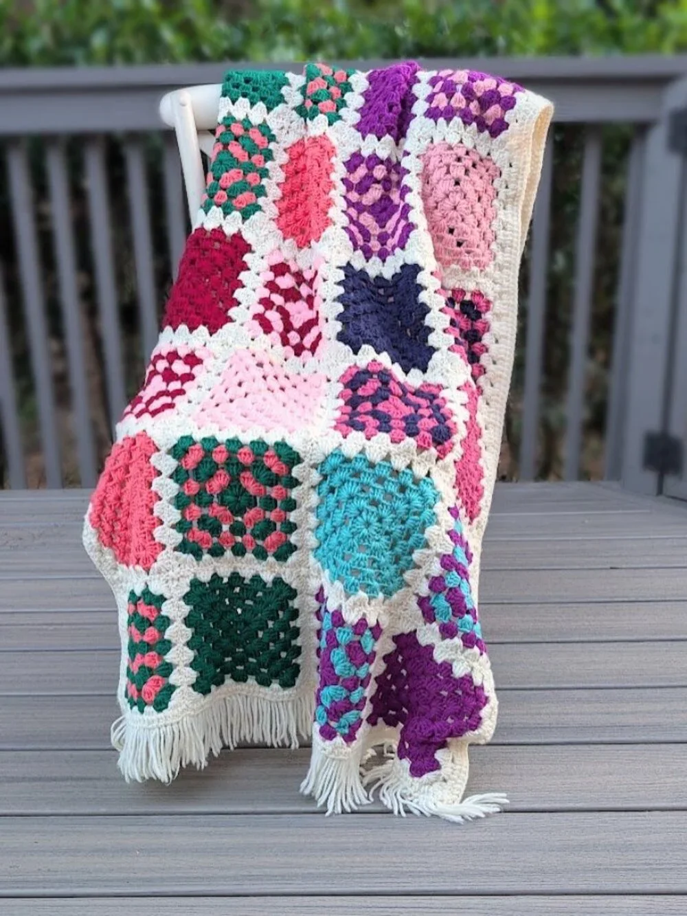 Handmade Crochet Granny Square Afghan Blanket Throw with Fringe 56